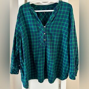 Talbots Green and Navy Checkered Popover/Tunic Blouse